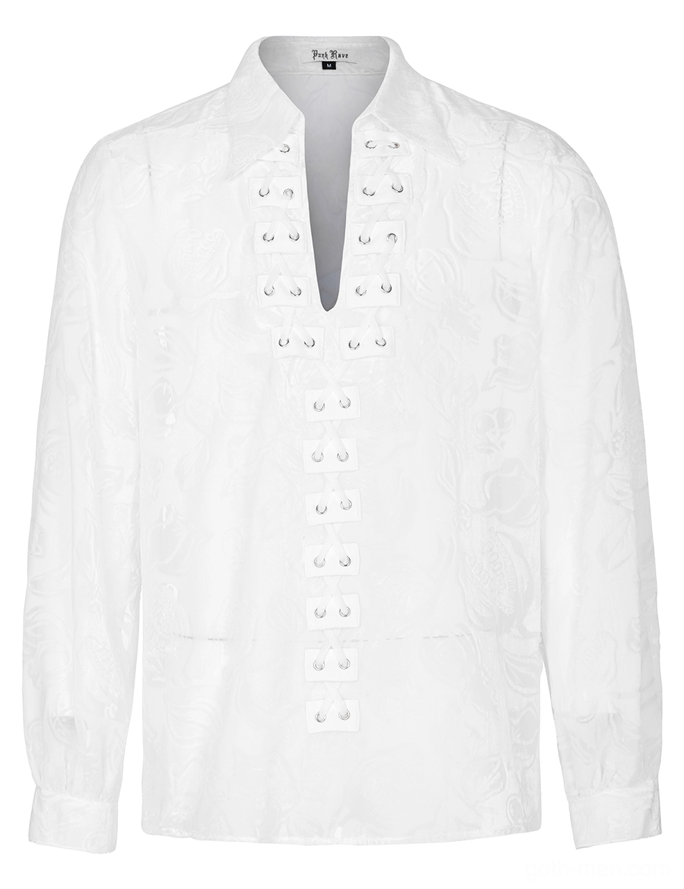 Direct front flat view of white gothic shirt showing multiple lace fasteners and floral jacquard velvet fabric