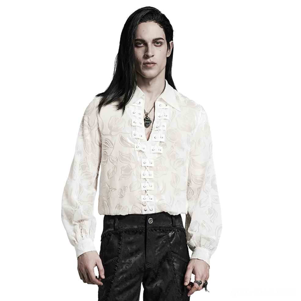 White velvet piranha gothic lace-up shirt front view on male model with billowy lantern sleeves