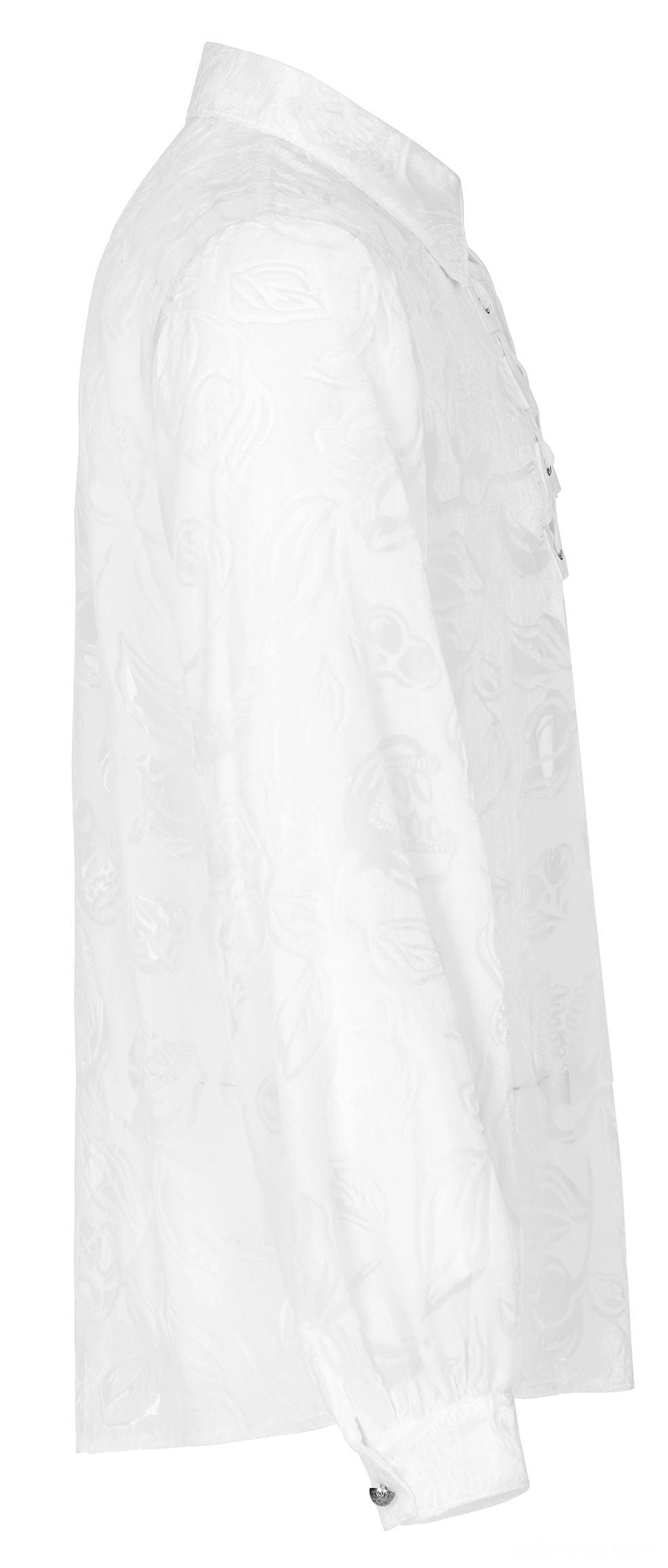 Side profile flat lay of white gothic velvet piranha shirt with slim fit and soft sheer material