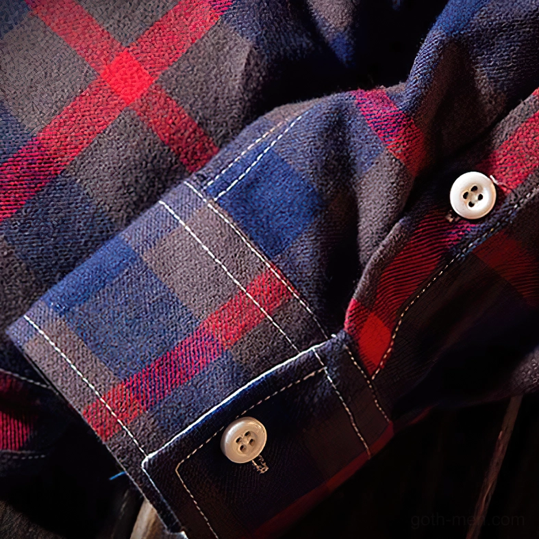 Gothic dark tartan plaid long sleeve shirt lifestyle styling flat lay detail