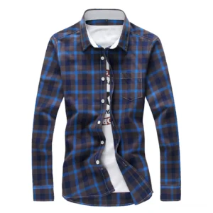 Gothic blue and brown tartan plaid long sleeve shirt front view with chest pocket