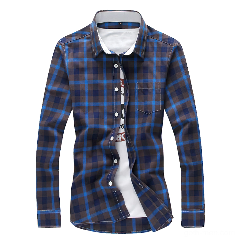 Gothic blue and brown tartan plaid long sleeve shirt front view with chest pocket
