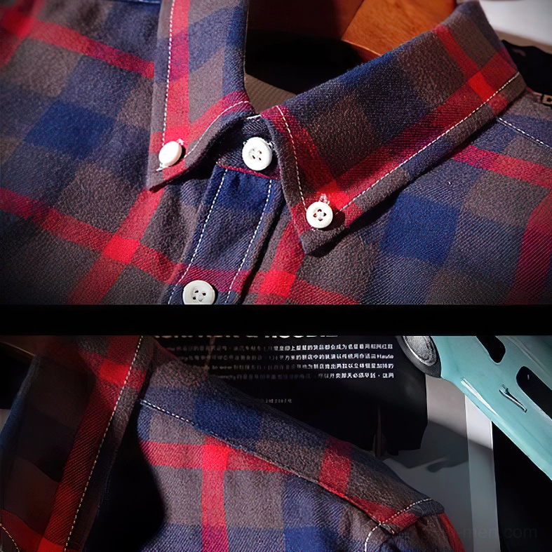 Side detail view of gothic tartan plaid shirt showing button fasteners and weave pattern