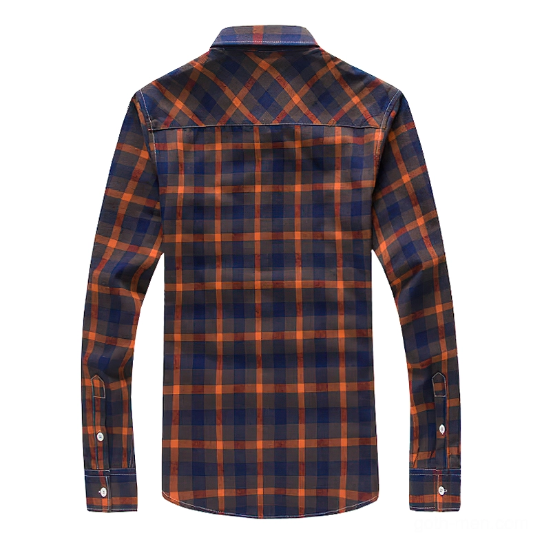 Back view of orange and blue tartan plaid gothic shirt with button cuff fasteners