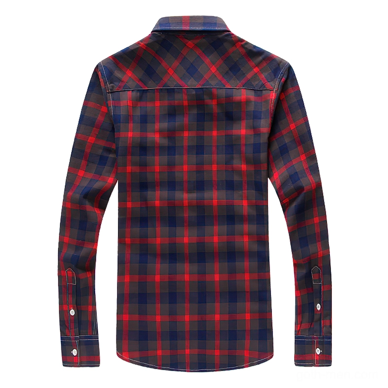 Back view red and dark blue tartan gothic shirt showing button cuff details