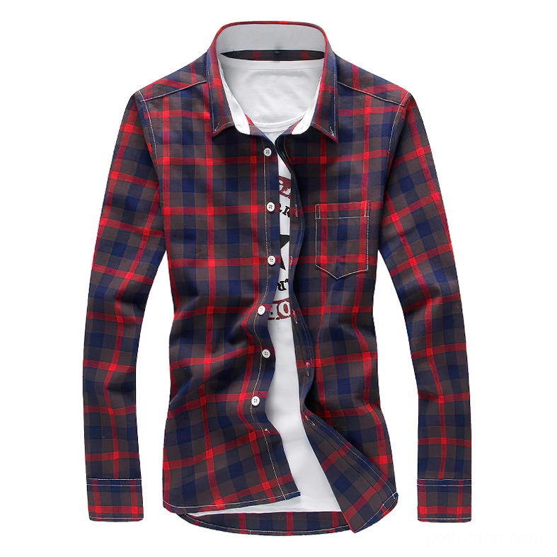 Red and midnight blue deep tartan plaid gothic long sleeve shirt with fake inner tee layer