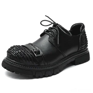Black genuine leather gothic platform boots with woven toe cap and metal buckle lace-up closure front three-quarter view