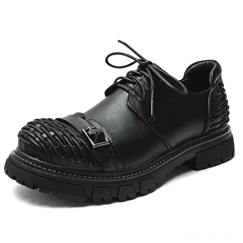 Black genuine leather gothic platform boots with woven toe cap and metal buckle lace-up closure front three-quarter view