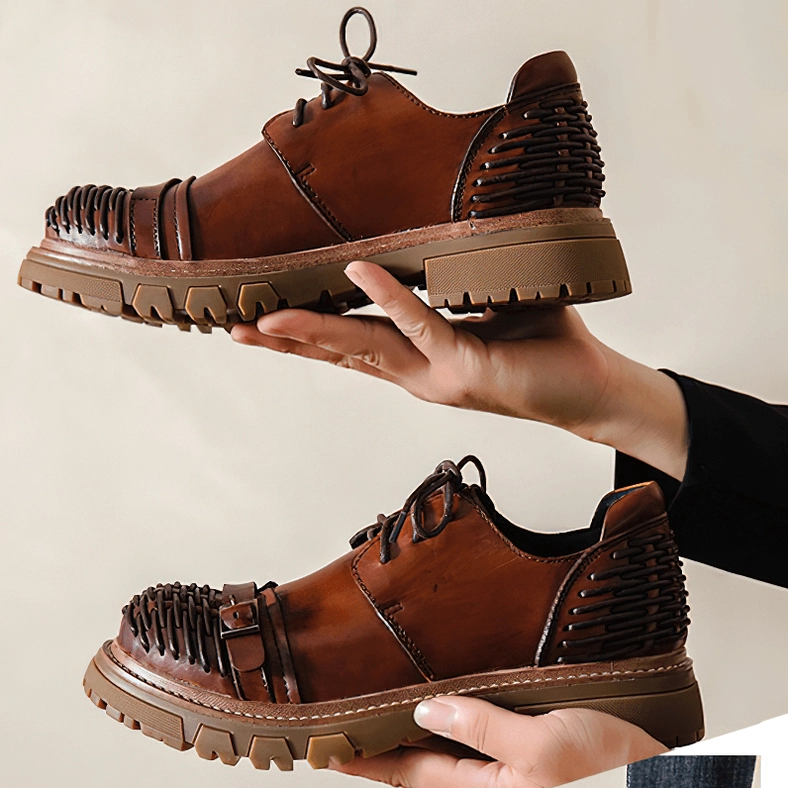 Gothic platform work boots black color detail view showing woven toe cap and stitching