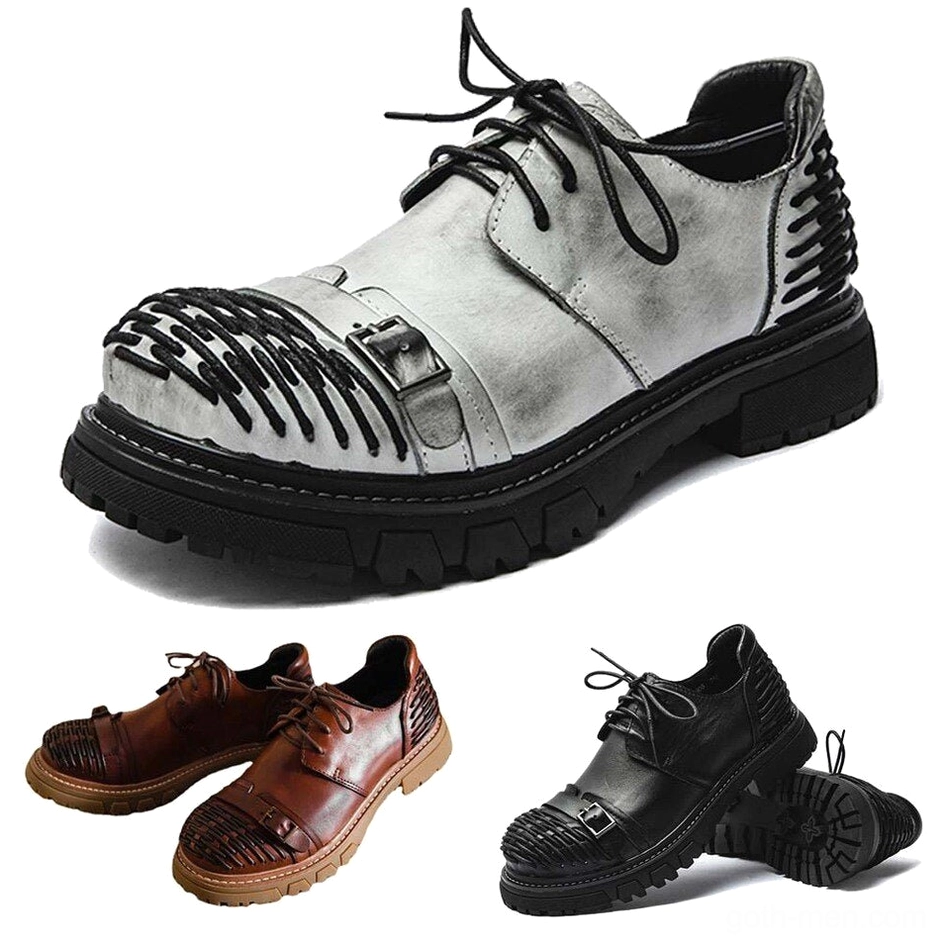 Gothic platform boots multi-color display black gray and brown leather variants white background