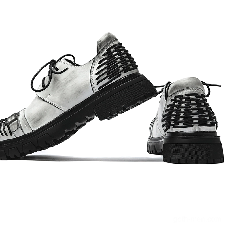 Gothic platform boots gray variant bottom sole view showing durable cross-pattern outsole
