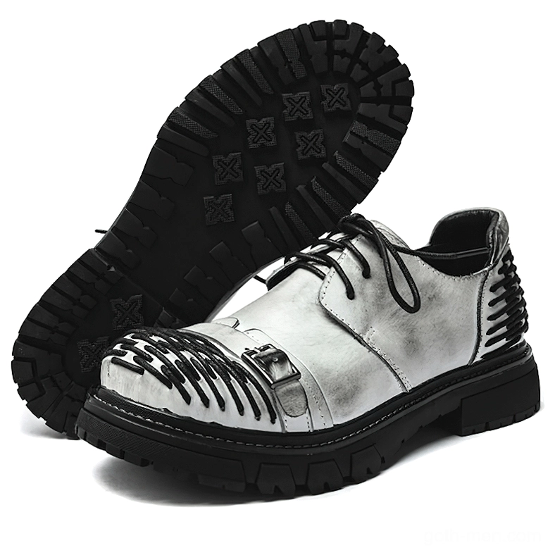 Gray distressed genuine leather gothic platform boots front view lace-up closure metal accents