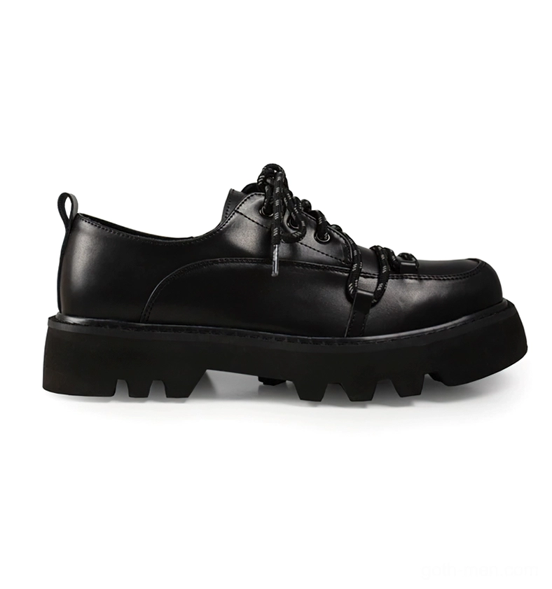 Men's black chunky platform casual shoes side profile showcasing deep lug tread and heel elevation