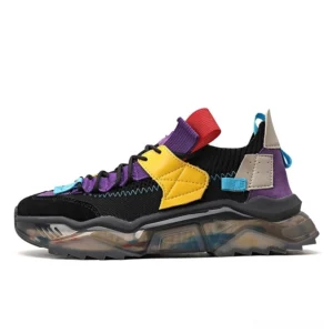Multicolor gothic platform lace-up sneaker with transparent jelly outsole, side profile view