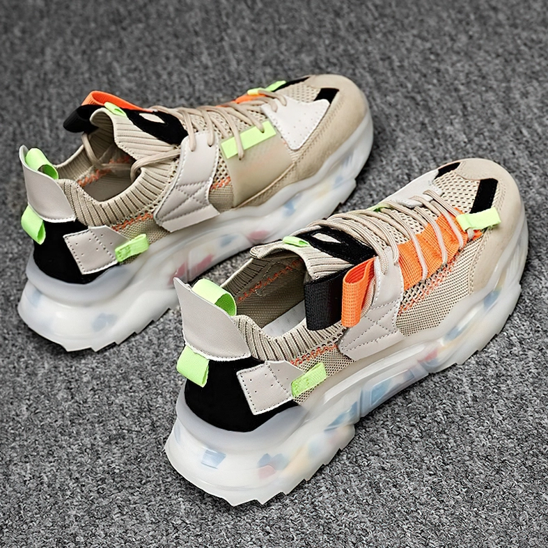 Pair of matching khaki gothic platform sneakers overhead view showing breathable mesh upper and straps