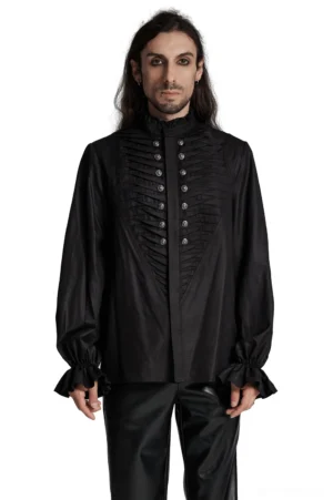 Gothic black 3D pleated shirt with beast head metal buttons and ruffled collar, front view on model
