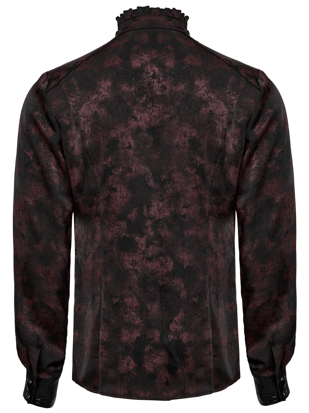 Back flat lay of gothic shirt displaying ruffled stand collar, structured back panel, branded label, and leather cuff construction with skull buttons