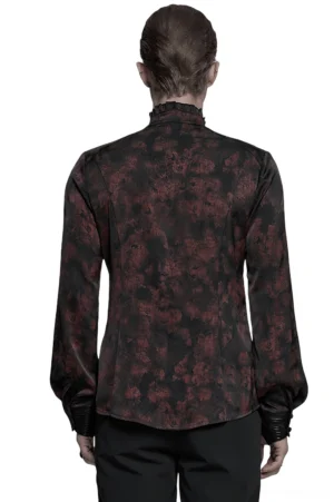 Gothic men's shirt full back view showing structured shoulders, dark floral damask pattern, leather cuffs with skull buttons, and extended hem