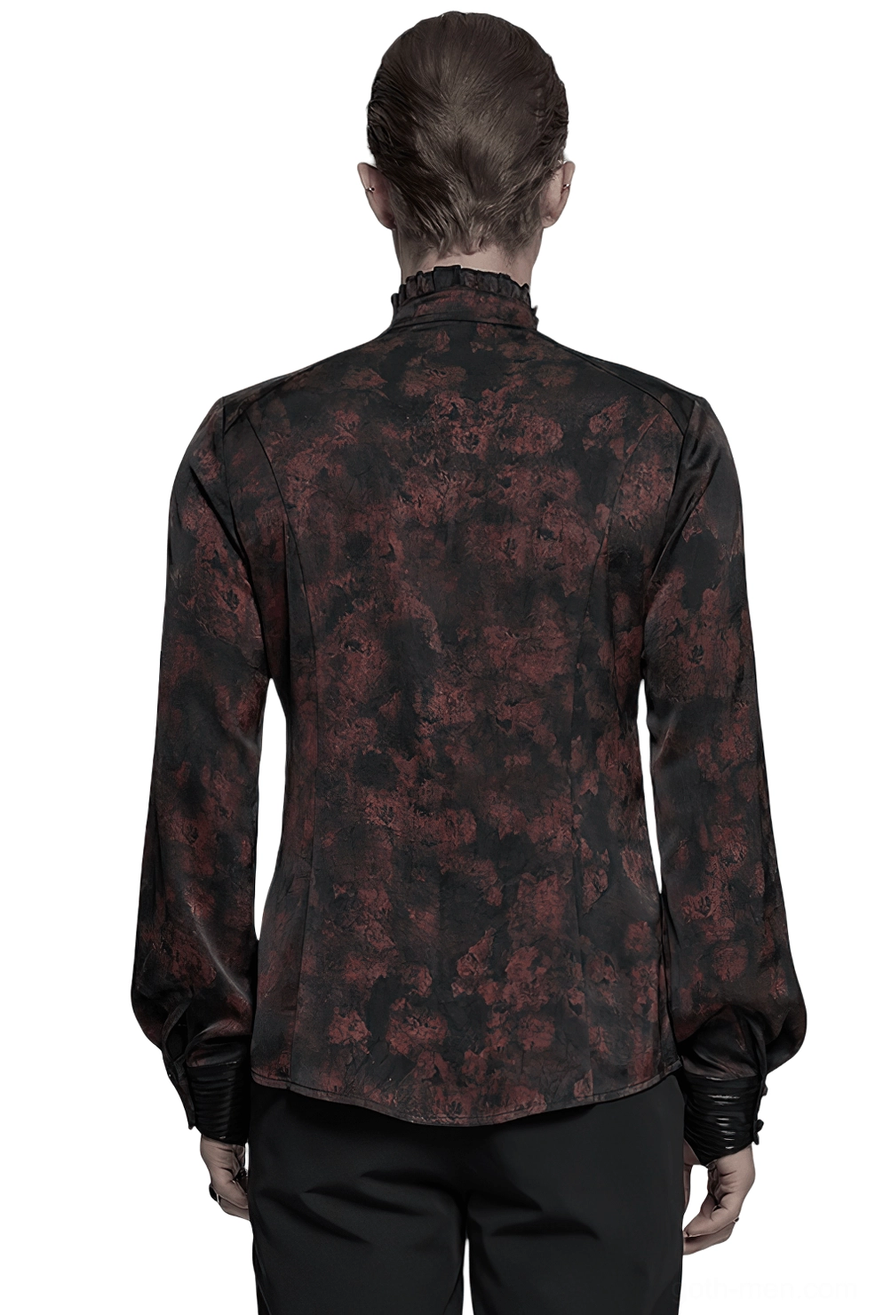 Gothic men's shirt full back view showing structured shoulders, dark floral damask pattern, leather cuffs with skull buttons, and extended hem