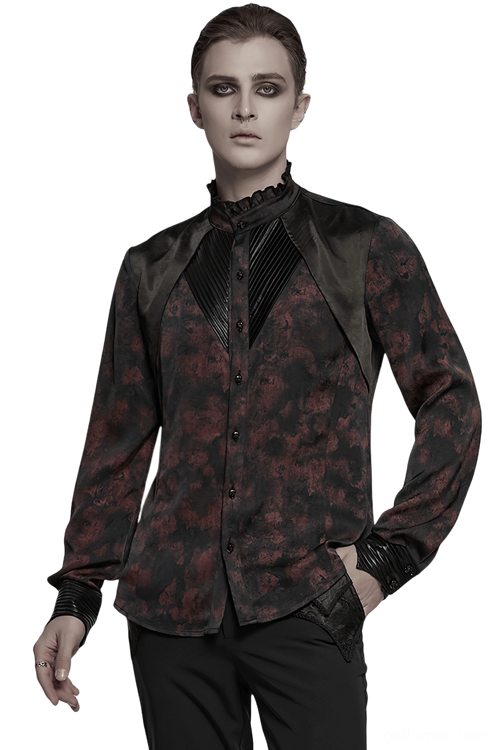 Men's black gothic shirt with pleated stand collar, wine-red damask floral print, leather shoulder trim and skull buttons - front three-quarter view on model