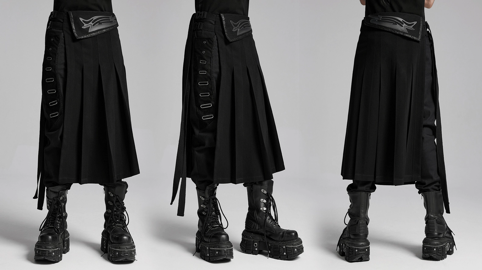Black gothic pleated half skirt displaying structural design, waist decoration, and fabric composition