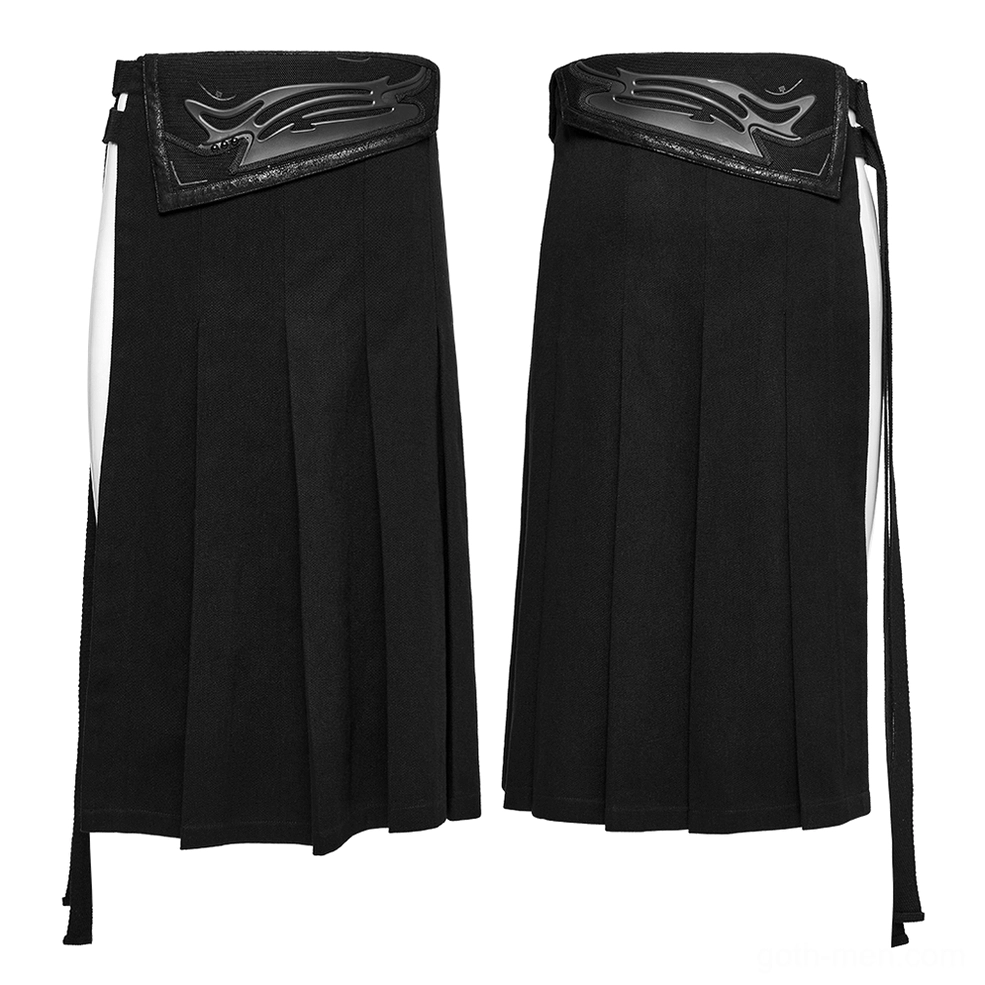 Two black pleated gothic half skirts displayed flat, showing embossed waist detail and white side stripe contrast
