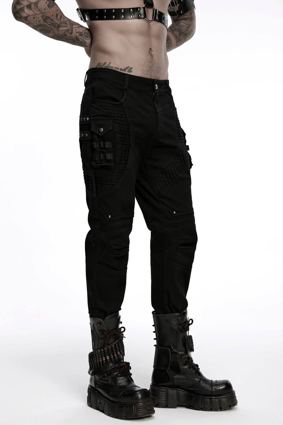 Black gothic pleated pants styling inspiration with platform boots and alternative fashion