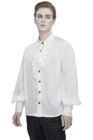 White gothic pleated ruffle dress shirt with vertical stripes, worn on male model, front view with detailed ruffled placket