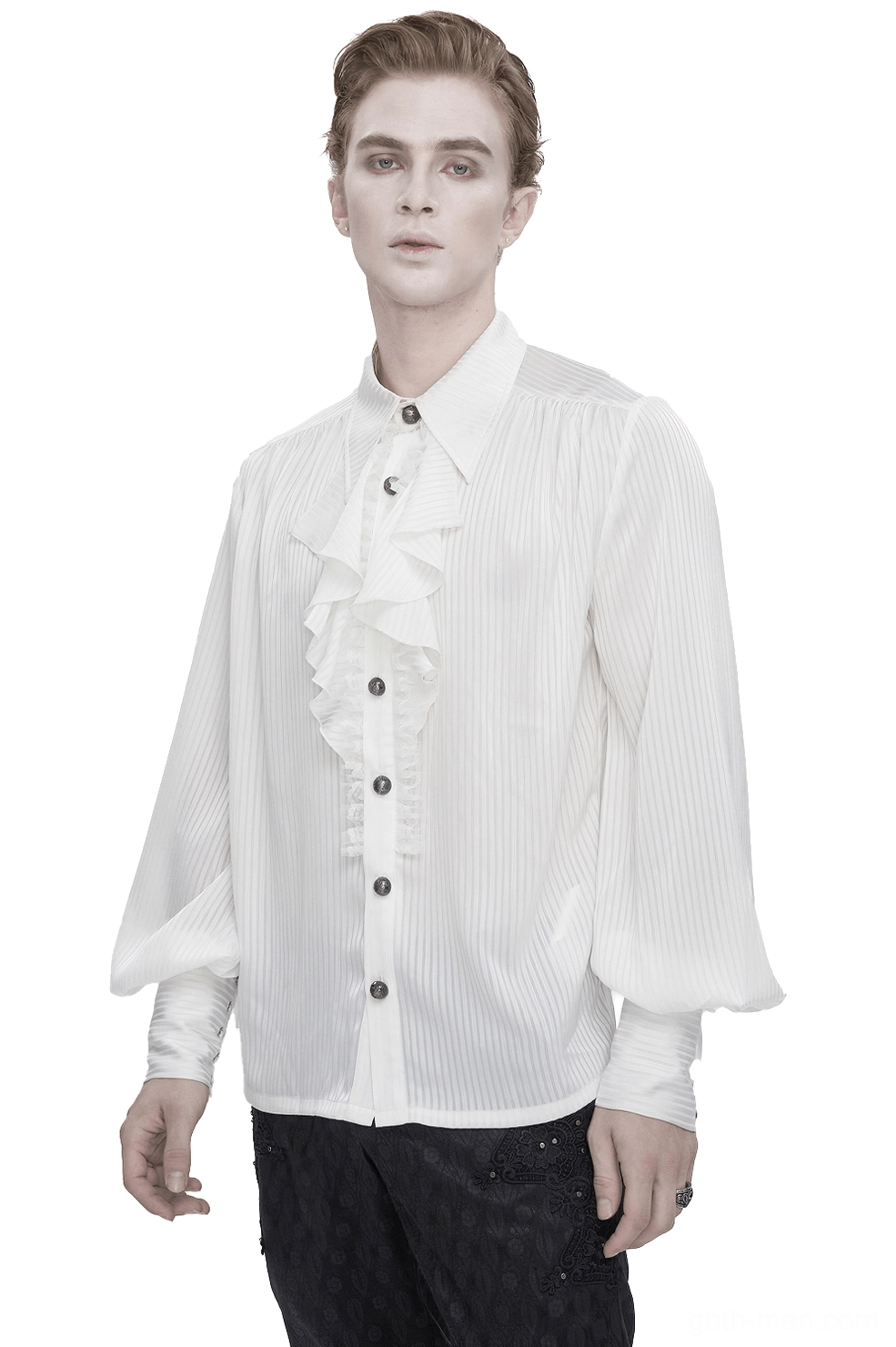 White gothic pleated ruffle dress shirt with vertical stripes, worn on male model, front view with detailed ruffled placket