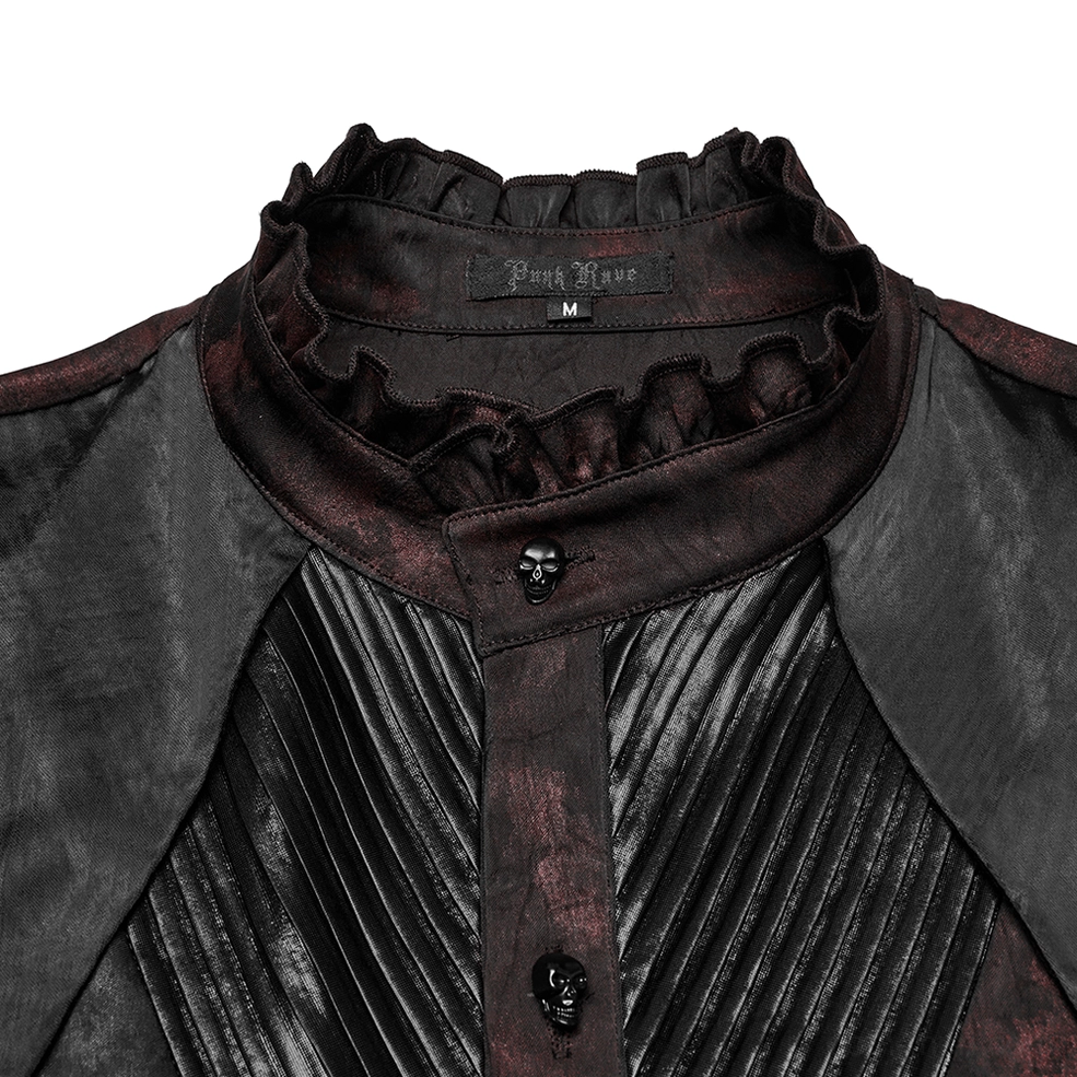 Macro detail view of pleated stand collar on gothic shirt showing ruffled texture, brand label, and skull button hardware accent