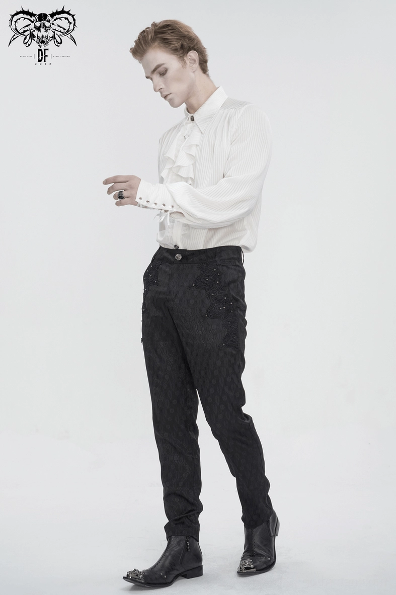 Close-up of white gothic shirt construction details including ruffled trim, metal button hardware, and fitted tailoring