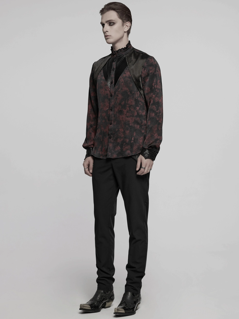 Gothic pleated collar dress shirt detail showing fabric texture, damask floral print quality, and overall construction craftsmanship