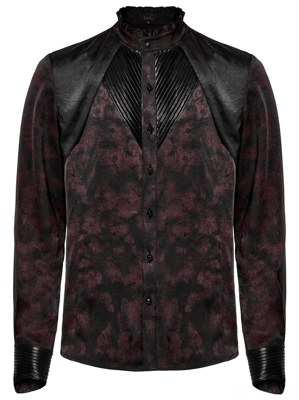 Detailed front flat lay of gothic pleated collar shirt showing button placket, leather shoulder overlay accents, and burgundy damask floral pattern