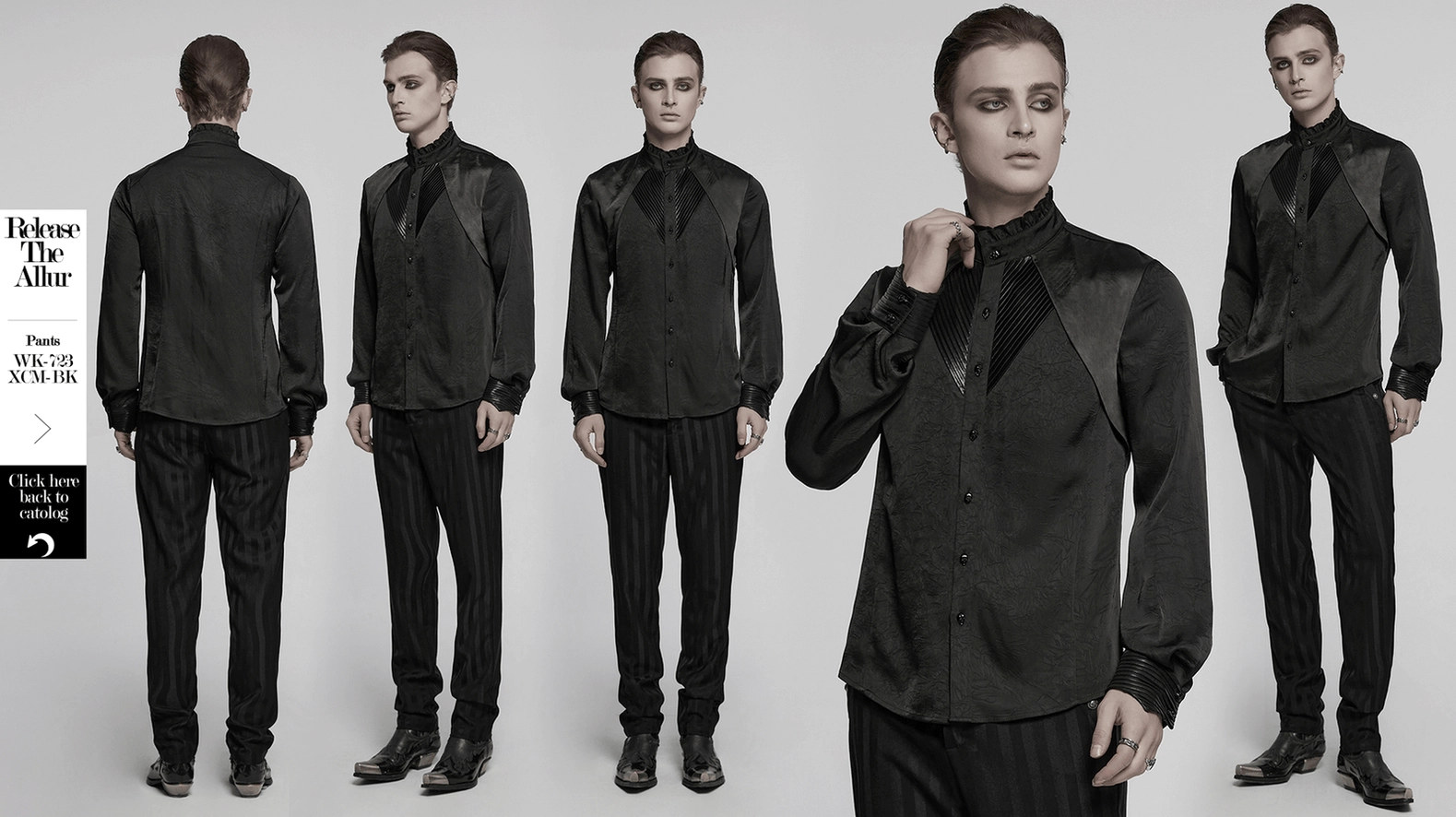 Gothic pleated shirt male model front view showing ruffled collar and chest detailing with makeup aesthetic