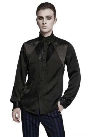 Gothic pleated button-up shirt with skull buttons front three-quarter view on male model wearing dark makeup