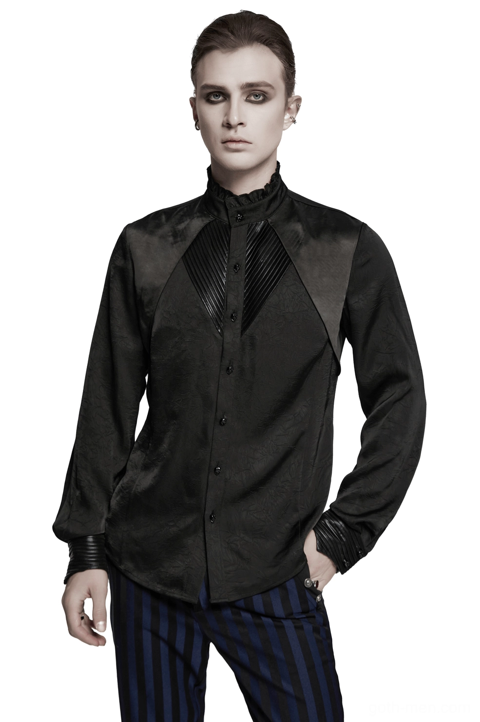 Gothic pleated button-up shirt with skull buttons front three-quarter view on male model wearing dark makeup