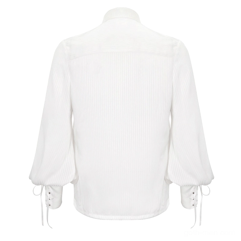 White gothic formal dress shirt rear flat view on mannequin, showing striped back fabric and adjustable lace-up bishop sleeve cuffs