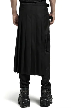 Black asymmetrical pleated gothic kilt back three-quarter view showing side cargo pocket and pleated design on male model