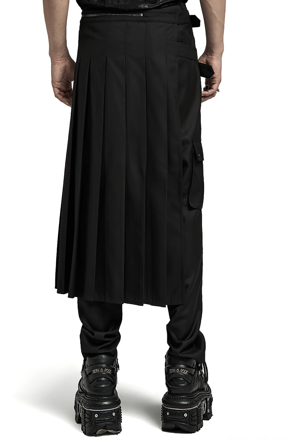 Black asymmetrical pleated gothic kilt back three-quarter view showing side cargo pocket and pleated design on male model