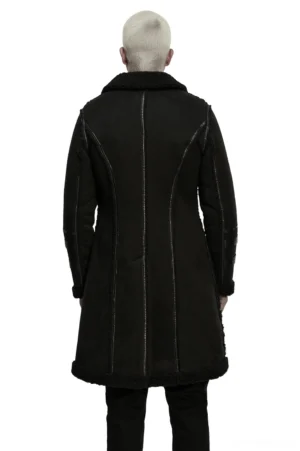 Dark alternative fitted plush coat back view showing tailored seams and shearling hem trim