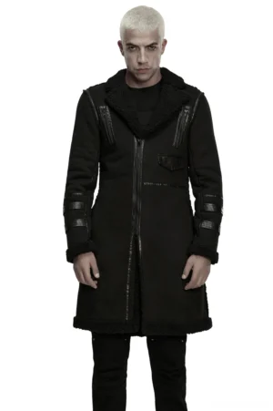 Black gothic plush coat with faux leather panels front view on model with shearling collar and asymmetric zippers