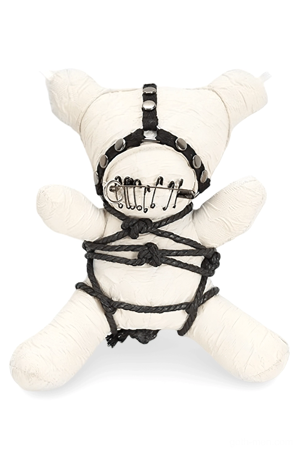 Gothic plush ornament with black bondage harness, metal studs, and safety pin mouth detail, front view