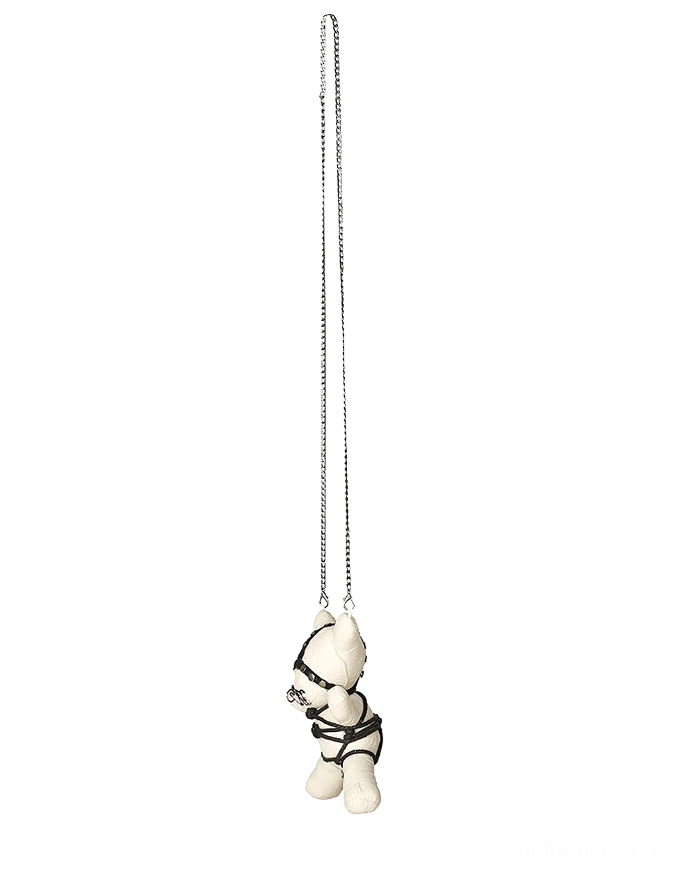 Gothic plush ornament in profile showing bondage harness strap and detachable metal chain