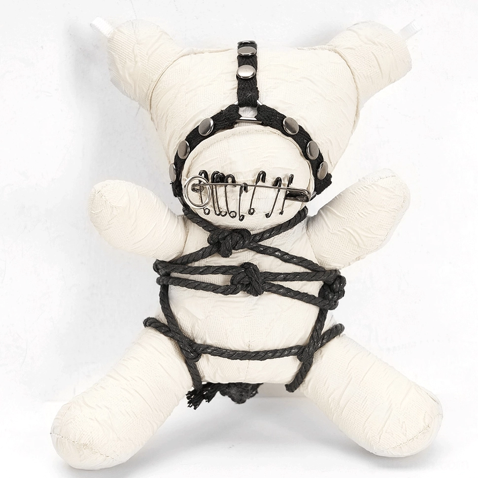 Complete gothic plush ornament set with black bondage harness, safety pin mouth, and detachable metal chain