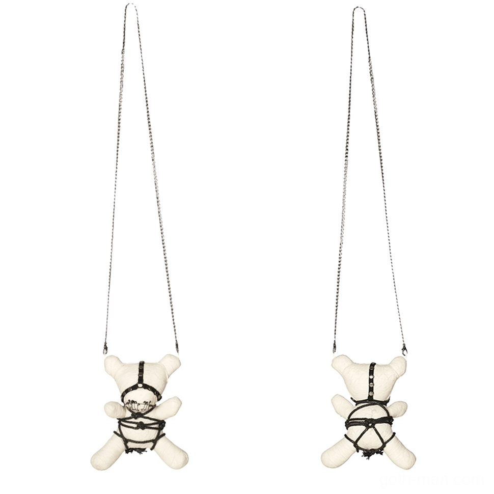 Twin gothic plush ornaments with matching black bondage harnesses and metal chain straps