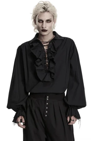 Black gothic poet shirt with lace-up ruffled front and bishop sleeves - front view on model