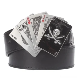 Black gothic poker card skull alloy belt buckle overhead view unisex alternative rock style