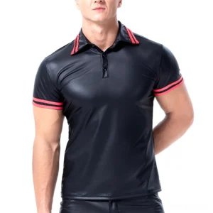 Men's black PU leather gothic polo shirt with red collar and cuff trim, front view on model