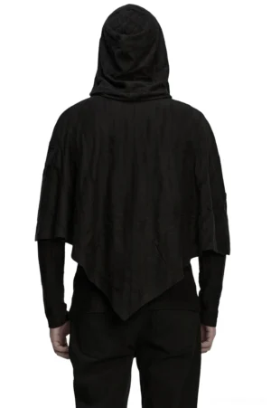 Punk distressed layered hoodie rear full view showing loose poncho overlay and attached hood