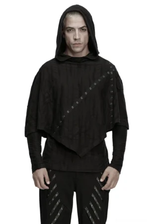 Distressed gothic poncho hoodie with metal eyelet strap front three-quarter view on male model